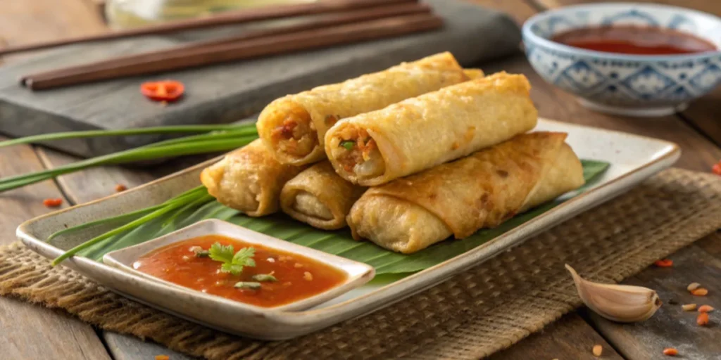 Crispy egg rolls served on a plate with sweet and sour dipping sauce