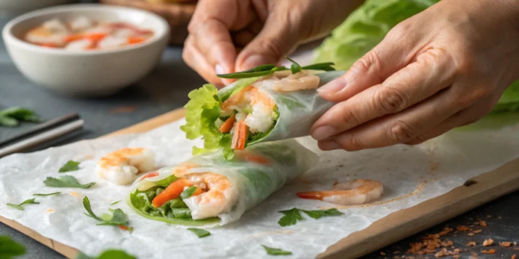 Hands rolling a fresh spring roll with shrimp, lettuce, and herbs