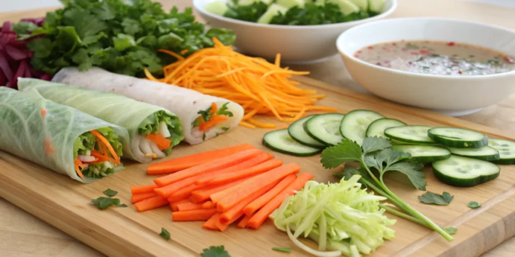 Fresh ingredients for spring rolls, featuring carrots, cucumbers, lettuce, and herbs