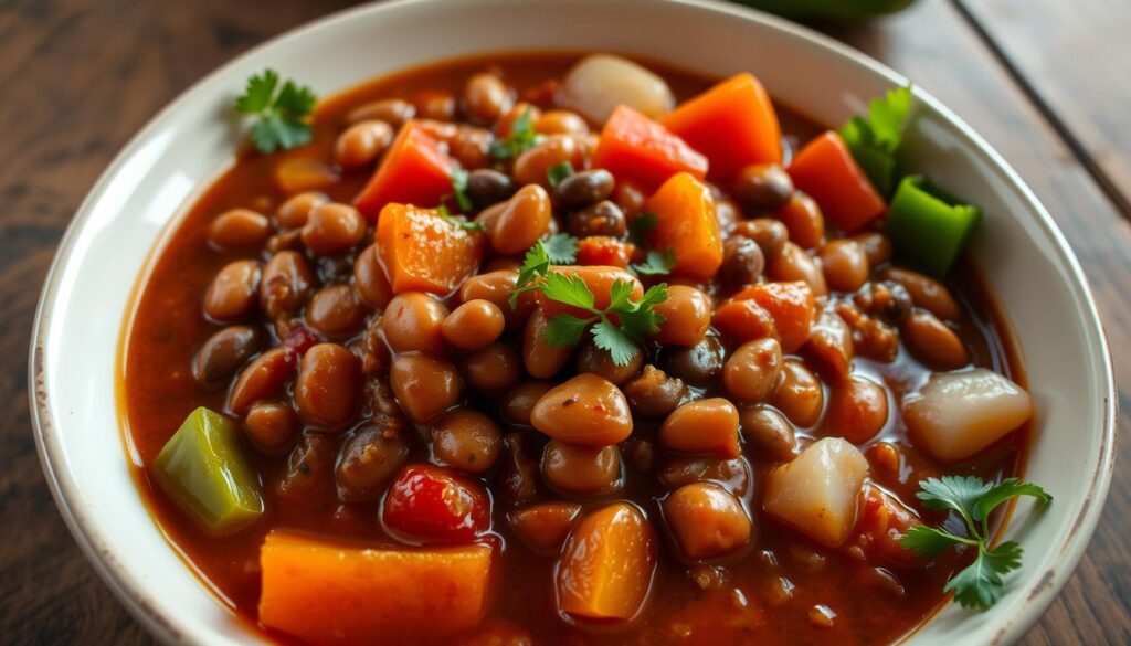 A bowl of rich, hearty chili filled with vibrant kidney beans, surrounded by colorful fresh vegetables like bell peppers, tomatoes, and onions, garnished with a sprinkle of fresh herbs, set on a rustic wooden table with a warm, inviting atmosphere.