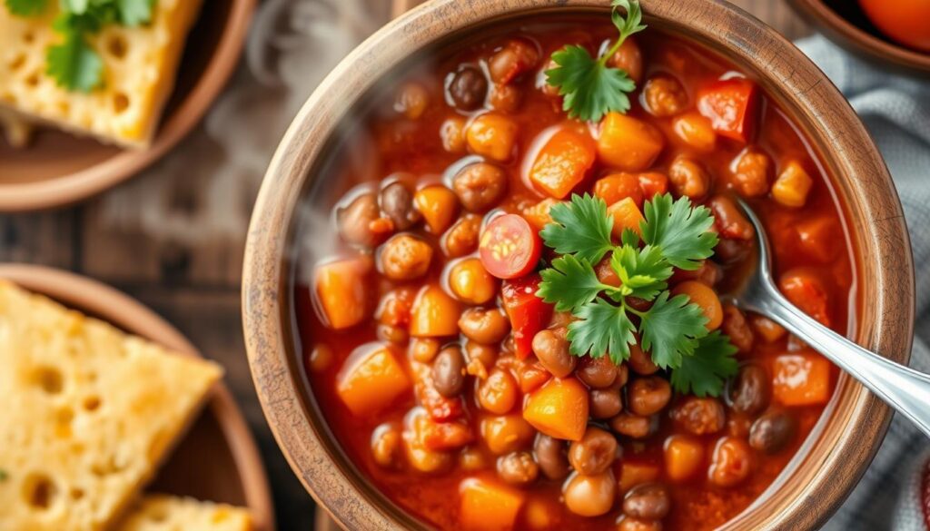 An overhead view of a steaming bowl of hearty chili, rich with vibrant kidney beans, chunks of tomatoes, and spices, garnished with fresh cilantro, served in a rustic wooden bowl with a side of cornbread.