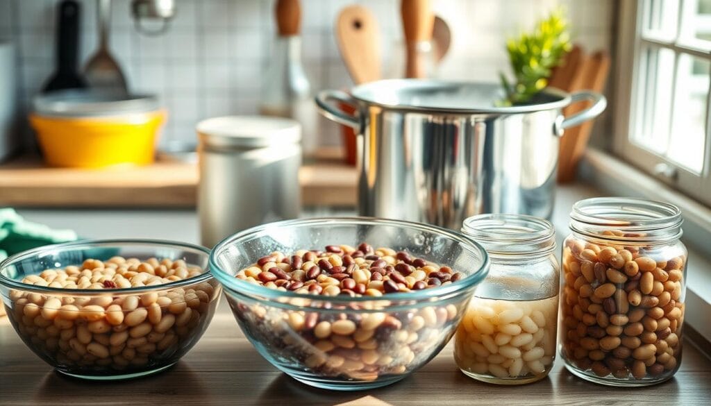 Glass bowls and jars of soaking beans in a sunny kitchen, with a pot in the background.