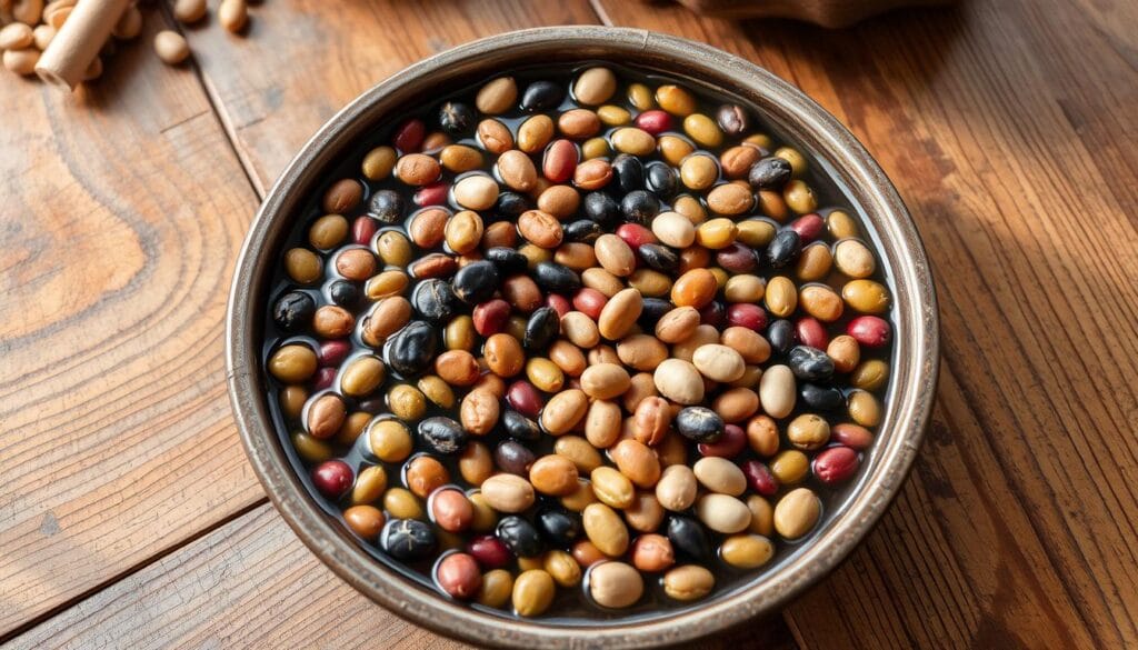 A visually appealing arrangement of various dried beans in a shallow bowl filled with water, showcasing a variety of colors and textures, surrounded by a rustic wooden table setting.