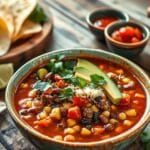 A vibrant bowl of taco soup frios garnished with avocado slices, cilantro, and shredded cheese, surrounded by fresh lime, tortillas, and salsa on a rustic wooden table.