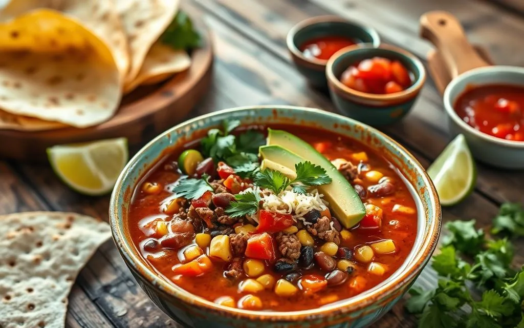 A vibrant bowl of taco soup frios garnished with avocado slices, cilantro, and shredded cheese, surrounded by fresh lime, tortillas, and salsa on a rustic wooden table.