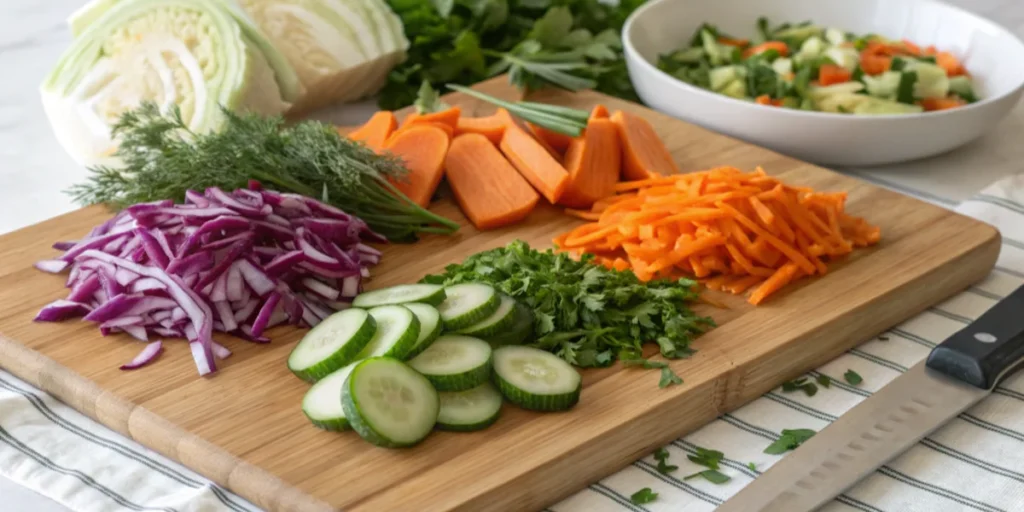 resh ingredients for spring rolls, including carrots, cucumbers, and herbs on a cutting board