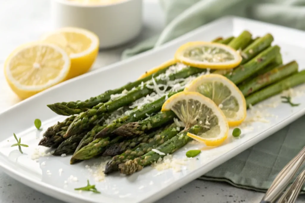 Roasted asparagus with lemon slices and Parmesan on a clean white plate with a minimalist background