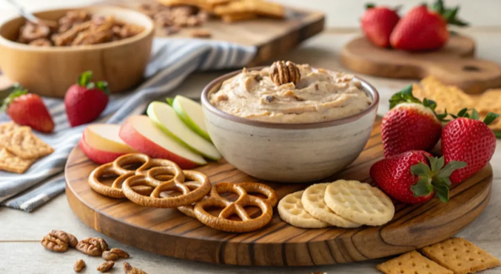 A bowl of pecan dip surrounded by apple slices, pretzels, graham crackers, and strawberries on a wooden serving board.