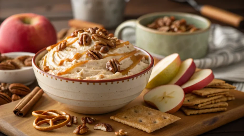 A close-up of pecan pie dip served with dippers like graham crackers, pretzel sticks, and apple slices.