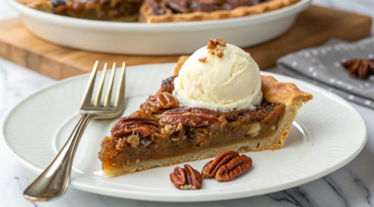 Warm pecan pie slice with melting vanilla ice cream on top.