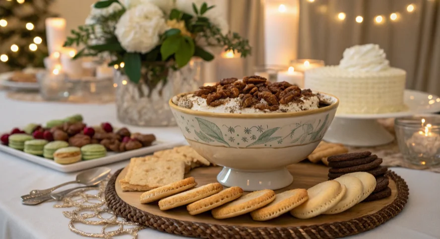  Pecan pie dip served elegantly at a wedding with biscotti and macarons.