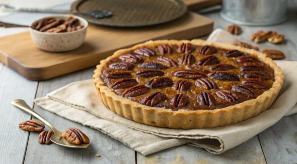 A freshly baked pecan pie with a golden crust and glossy pecan topping.