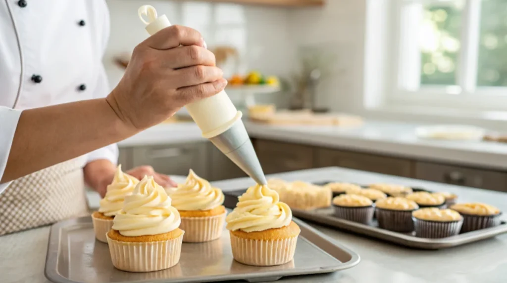 A baker piping creamy filling into a cupcake using a star tip.