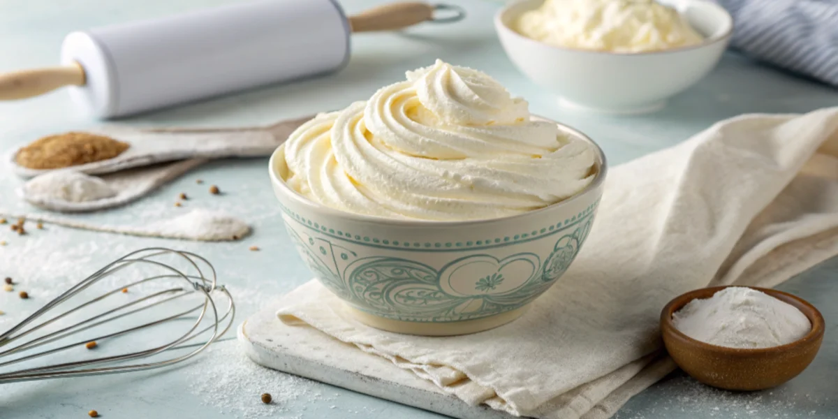 A smooth and swirled cream cheese filling in a mixing bowl, styled with baking tools in a light kitchen setting.