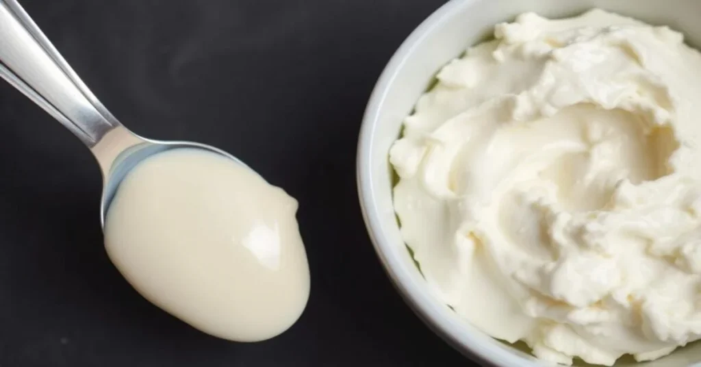 A spoonful of smooth mayonnaise next to a bowl of thick, creamy cottage cheese spread on a dark background