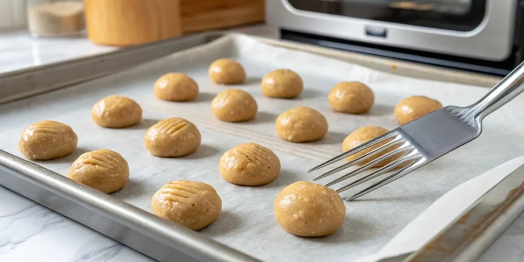 Peanut butter cookie dough balls on a baking sheet, with a fork creating the classic crisscross pattern