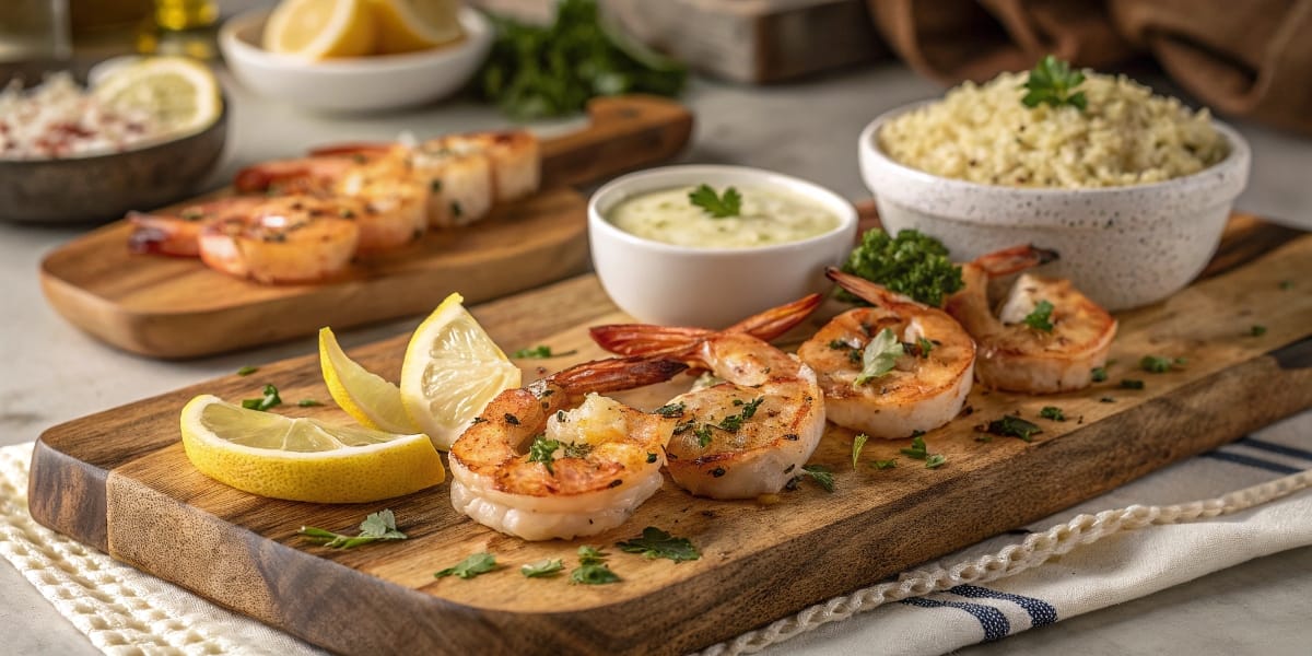 A seafood platter with grilled, sautéed, and baked shrimp, garnished with lemon wedges, parsley, and garlic butter, served with cocktail sauce and rice.