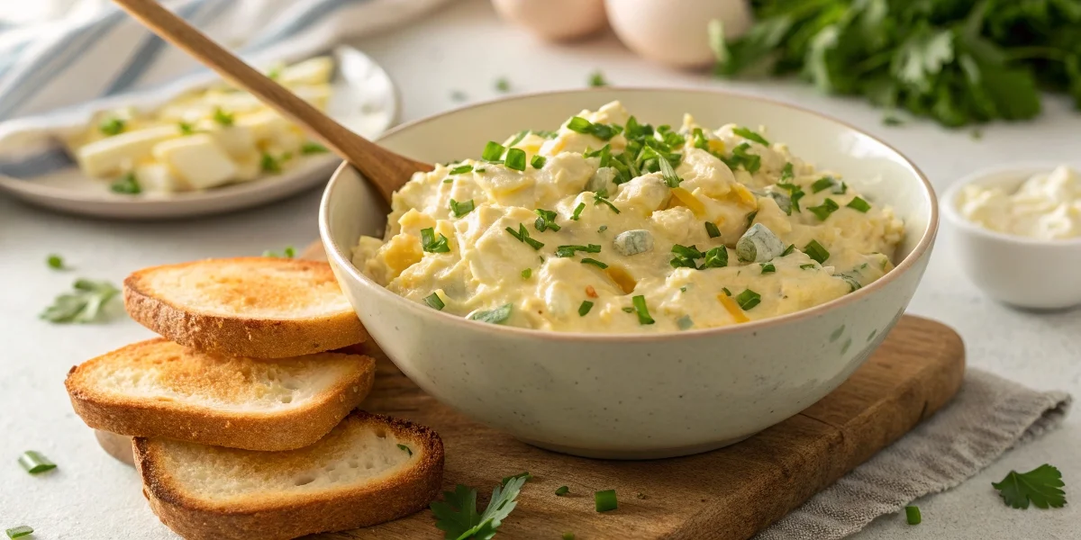 A bowl of creamy egg salad garnished with fresh herbs, served with toasted bread in a cozy kitchen setting.