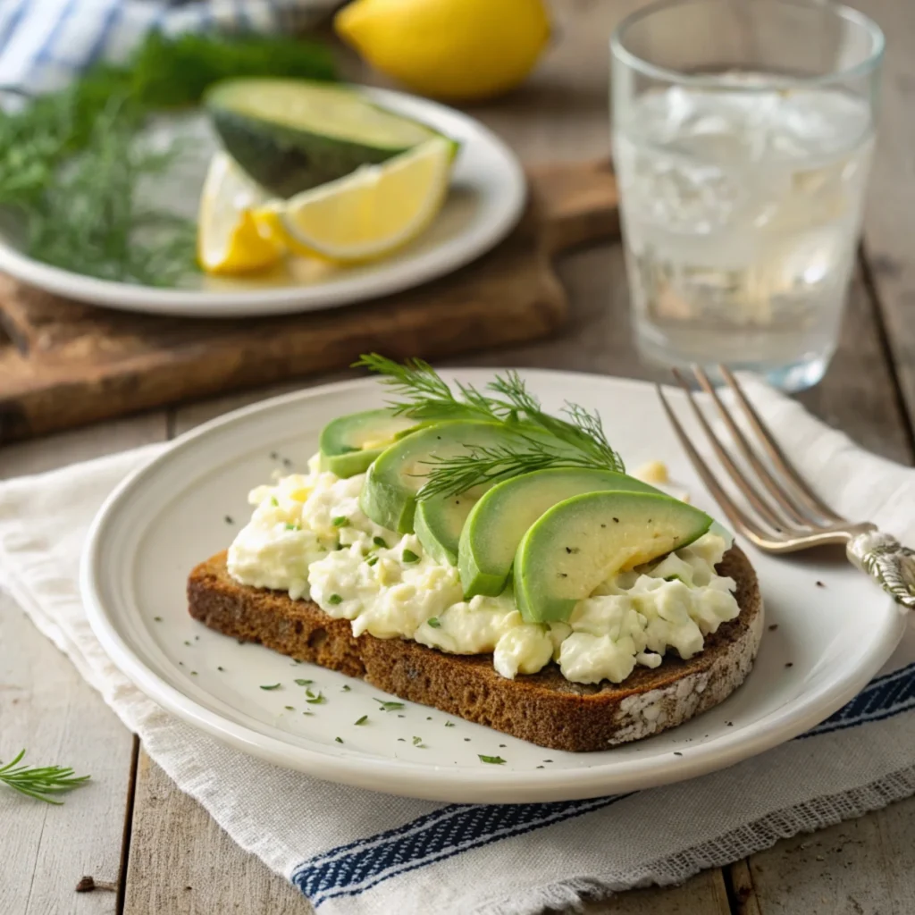 Cottage cheese egg salad served on whole-grain toast with avocado and fresh herbs.