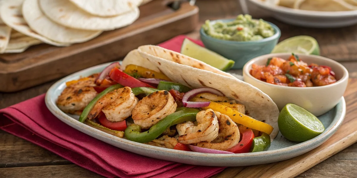 A plate of shrimp and chicken fajitas served with grilled peppers, warm tortillas, and fresh lime, showcasing a delicious and colorful meal.