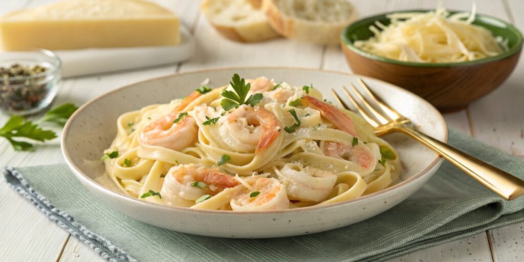 A plate of creamy garlic shrimp fettuccine Alfredo, garnished with parsley and Parmesan cheese, in a cozy kitchen setting.