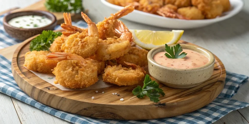 Golden crispy fried shrimp on a rustic plate with dipping sauce and lemon wedges.