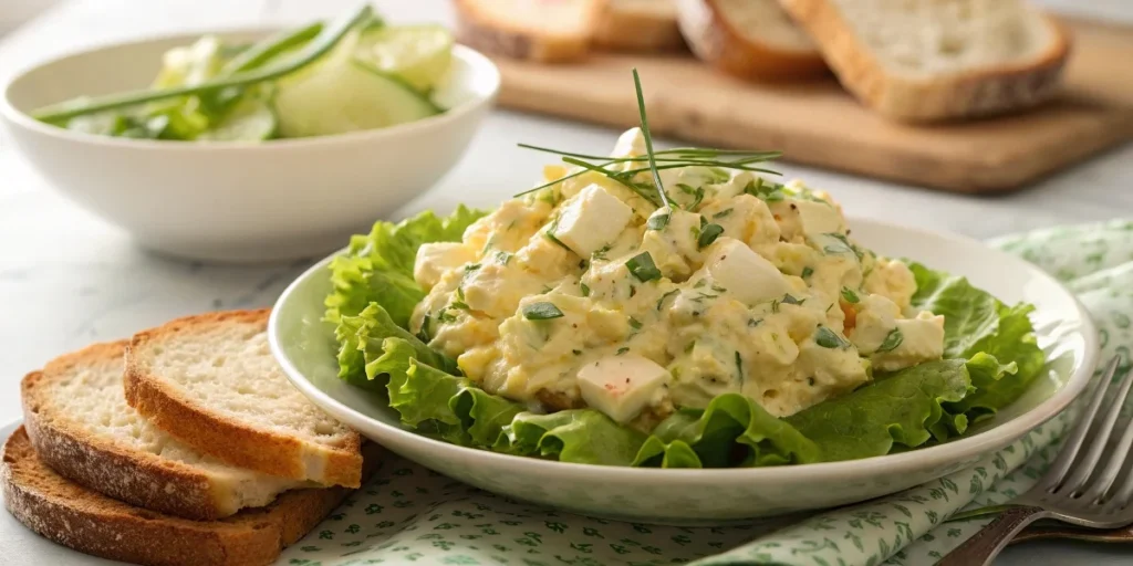 A bowl of creamy egg salad garnished with fresh herbs, served with toasted bread in a cozy kitchen setting