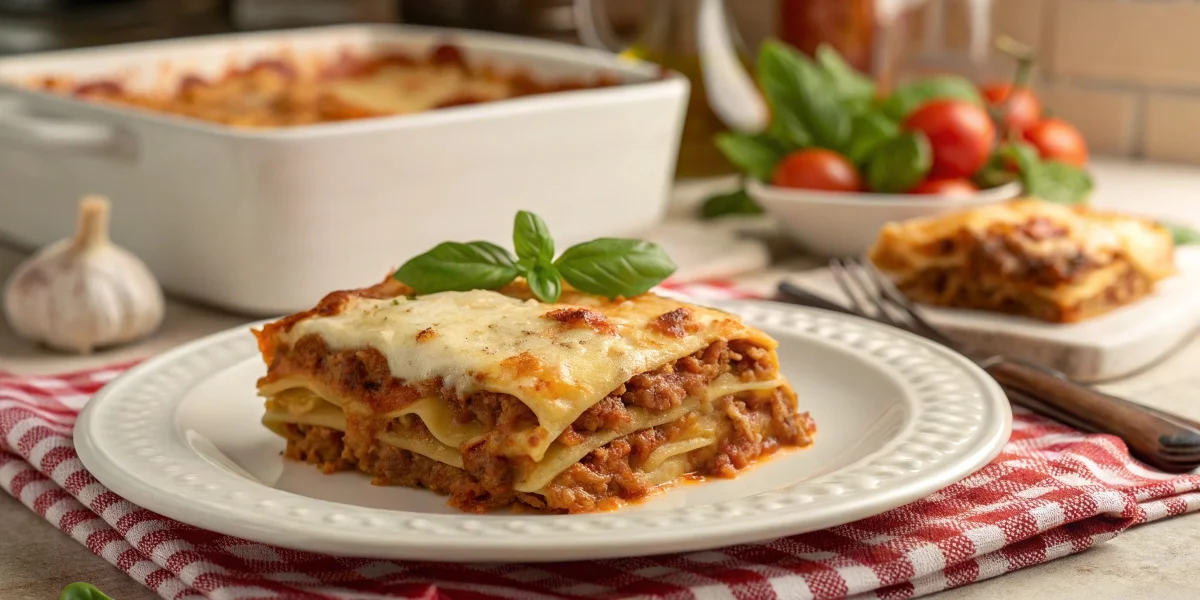 Authentic Italian lasagna with creamy milk-infused cheese, served on a white ceramic plate with fresh basil garnish.