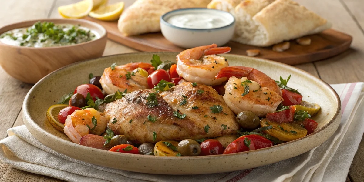 A sizzling chicken and shrimp stir-fry with bell peppers and onions, served in a cast-iron skillet, garnished with sesame seeds and green onions.