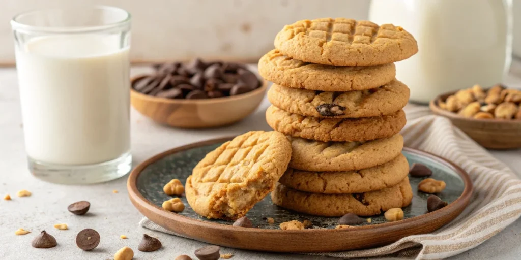  A stack of golden peanut butter cookies on a plate, next to a glass of milk, with chocolate chips and nuts scattered around