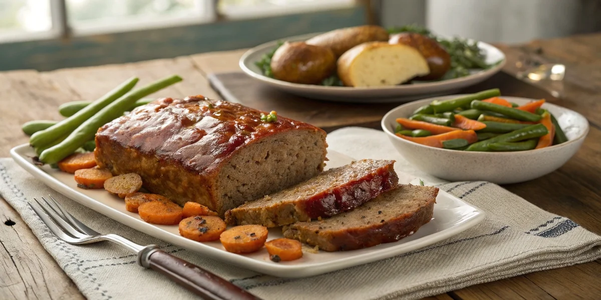 A beautifully sliced meatloaf with roasted vegetables, served on a rustic wooden table in a cozy, inviting atmosphere.