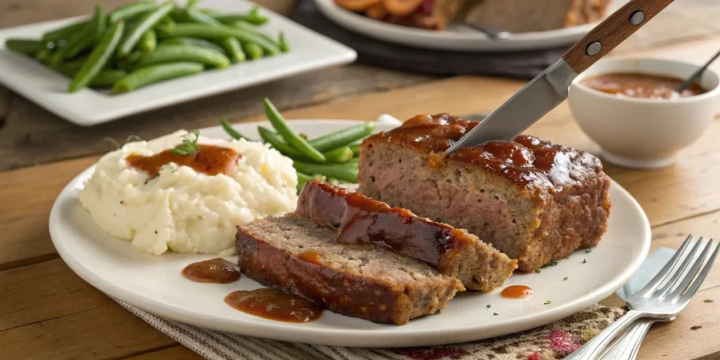 A juicy, freshly sliced meatloaf served with mashed potatoes, green beans, and gravy on a white plate.