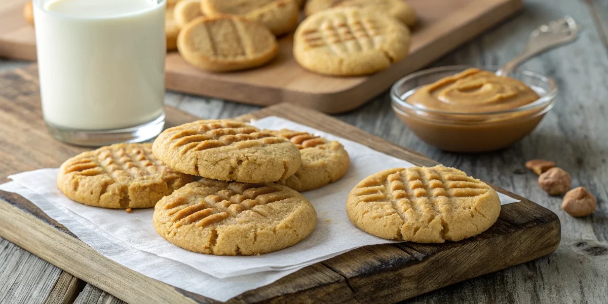 A delicious batch of homemade peanut butter cookies, highlighting their golden texture and signature cross-hatch design.