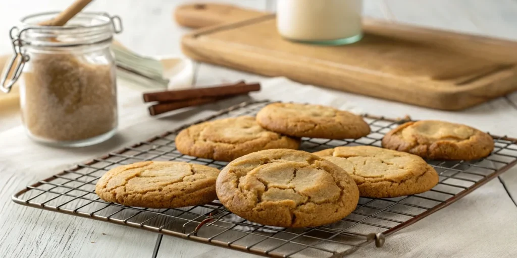 Close-up of freshly baked soft cookies on a cooling rack with brown sugar and butter in the background