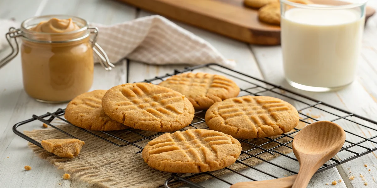 Freshly baked 4-ingredient peanut butter cookies cooling on a wire rack, golden brown with a crisscross pattern