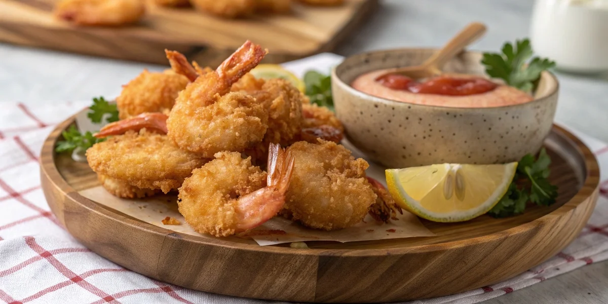 Golden, crispy fried shrimp served with a side of cocktail sauce and lemon, highlighting the results of the milk-soaking method.