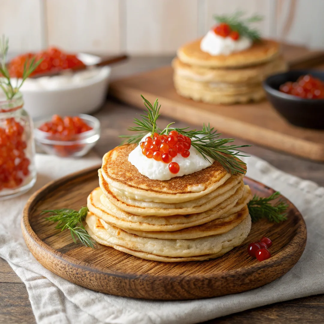 Blinis served hot with caviar and sour cream