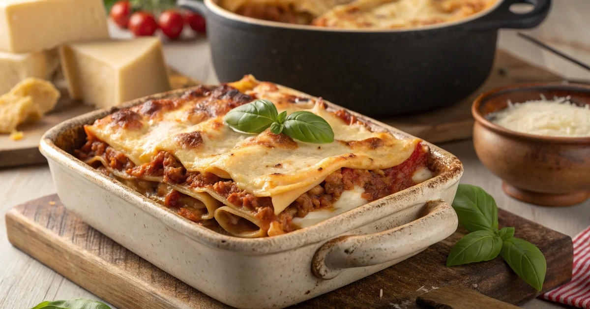 Authentic Italian lasagne with layers of pasta, Bolognese sauce, and béchamel, topped with melted cheese and fresh basil.