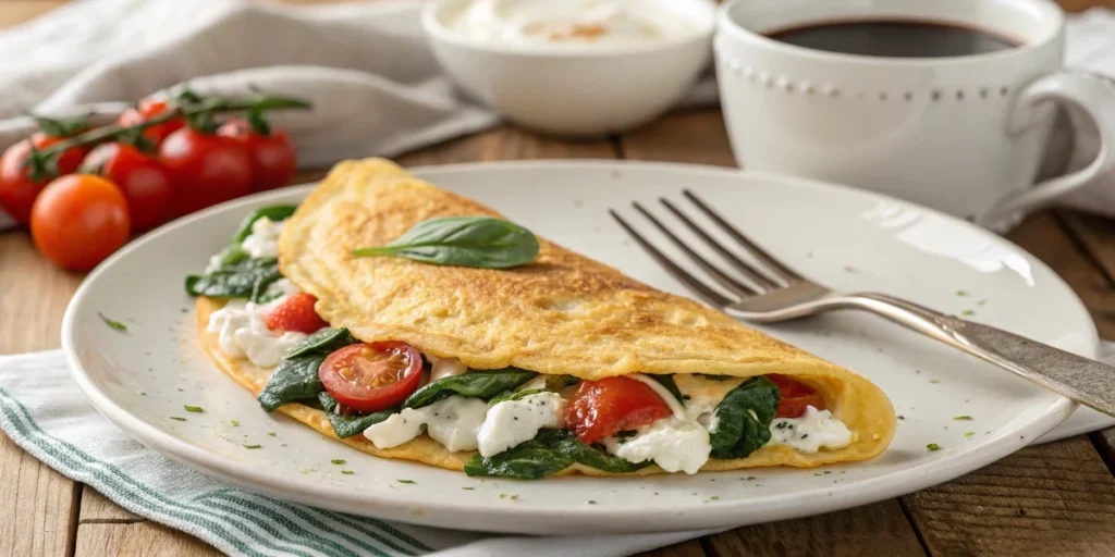  A fluffy cottage cheese omelet with spinach and cherry tomatoes, served on a white plate with a side of coffee