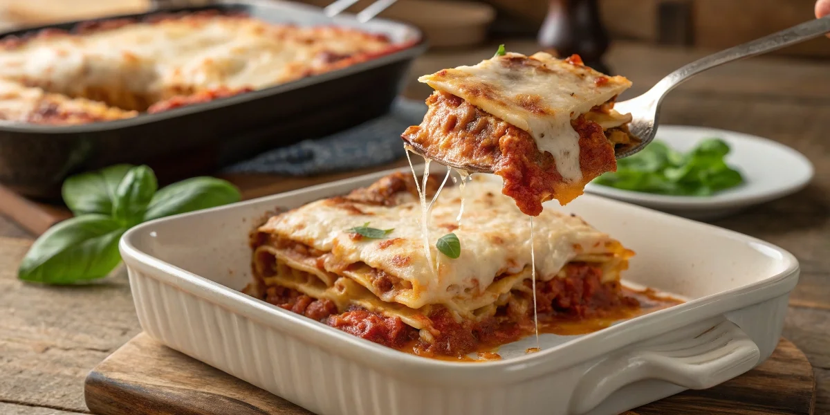 A hot, cheesy slice of lasagna being lifted from a baking dish, showing perfect layers.