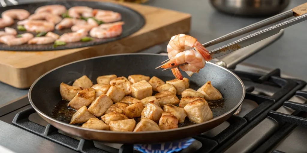 A close-up of chicken cooking in a pan as raw shrimp is added at the perfect moment, demonstrating proper timing when cooking both proteins together.