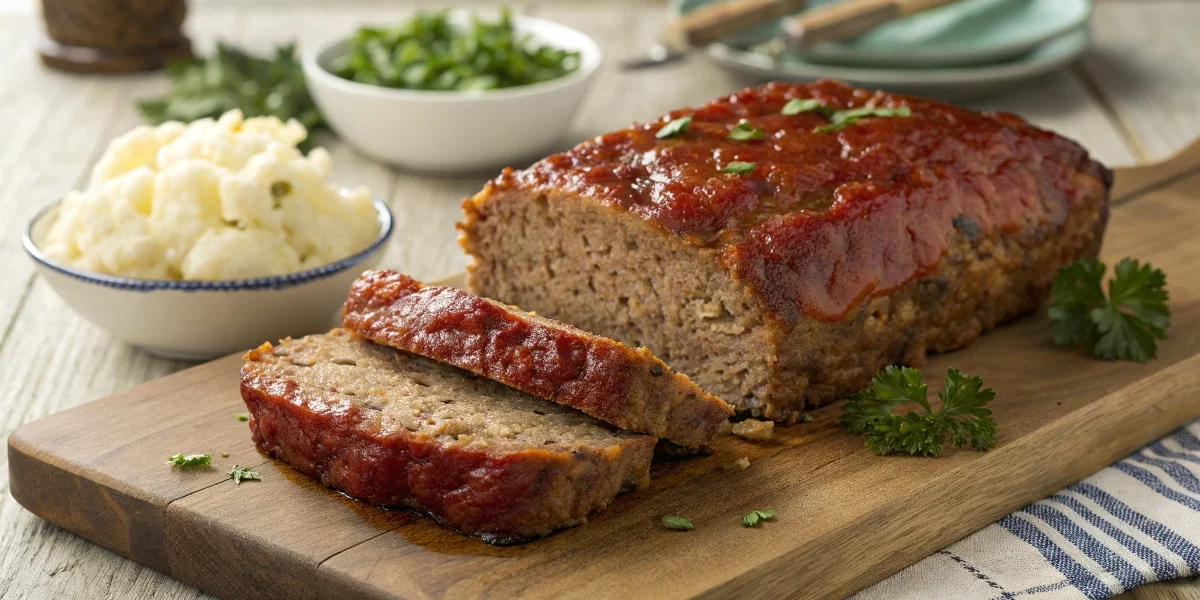 A freshly baked, moist meatloaf with a crispy crust, sliced to reveal its juicy interior, served with mashed potatoes and garnished with fresh parsley.