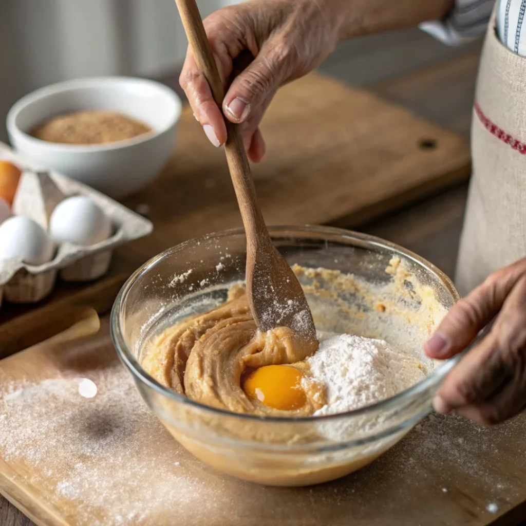 A baker’s hands mixing peanut butter, sugar, and an egg in a glass bowl to form cookie dough.