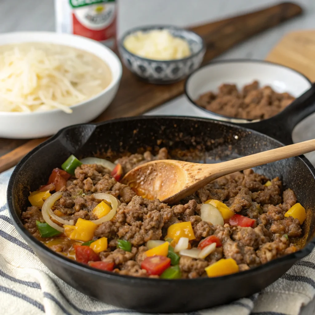 Ground beef browning in a skillet with diced onions and bell peppers, showing the first step in making a tater tot casserole.