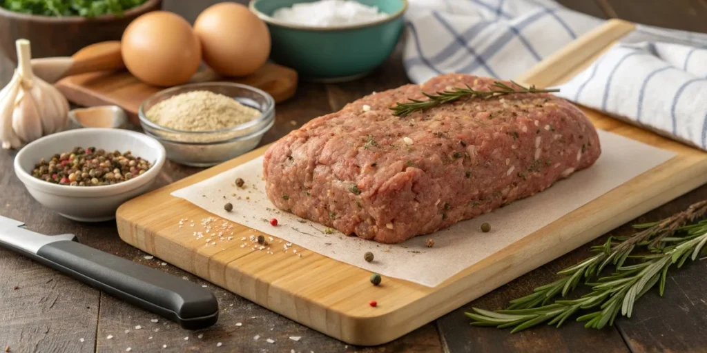 A raw, seasoned meatloaf on a wooden board, surrounded by fresh ingredients like eggs, breadcrumbs, and spices.