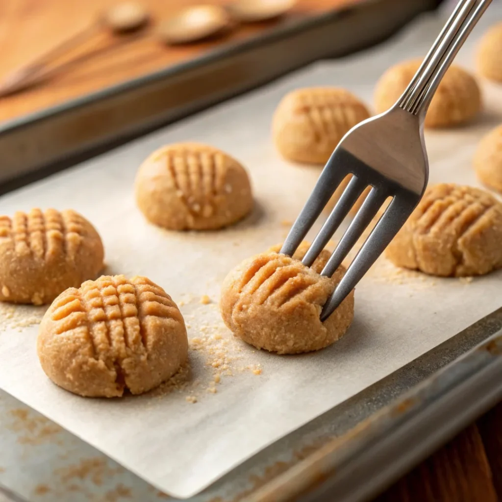 Cookie dough balls on a baking sheet being pressed with a fork to create the classic peanut butter cookie pattern