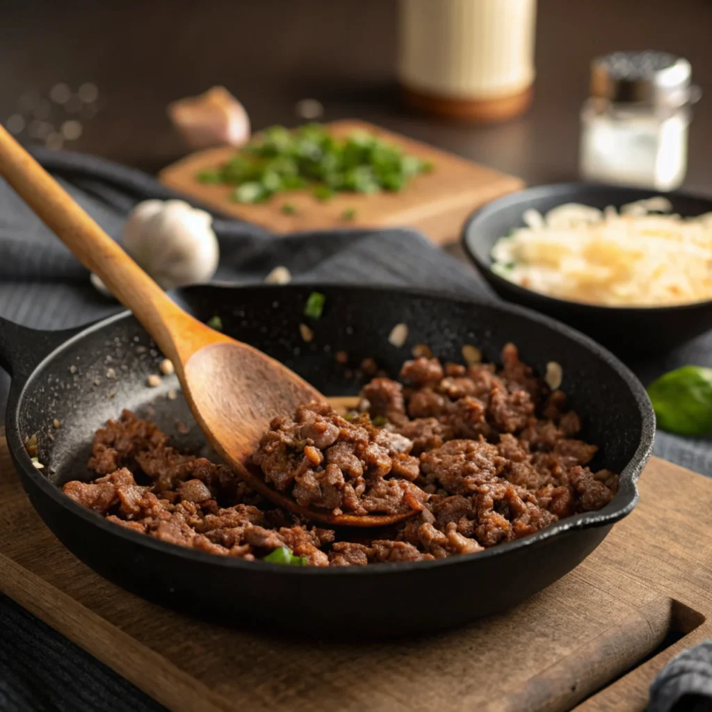 Ground beef sizzling in a cast-iron skillet on a stovetop, with steam rising as a wooden spoon stirs the meat. The burner is on, and seasonings and chopped onions are visible in the background.