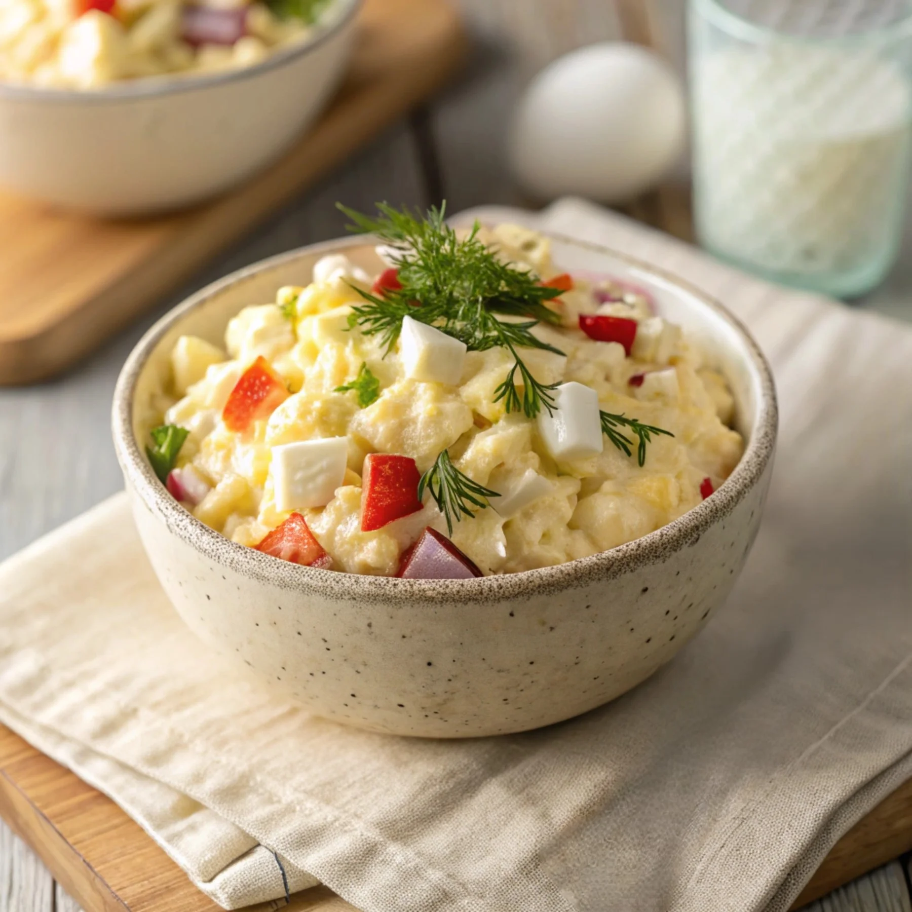 Close-up of a creamy cottage cheese egg salad with fresh herbs and vegetables in a rustic ceramic bowl.