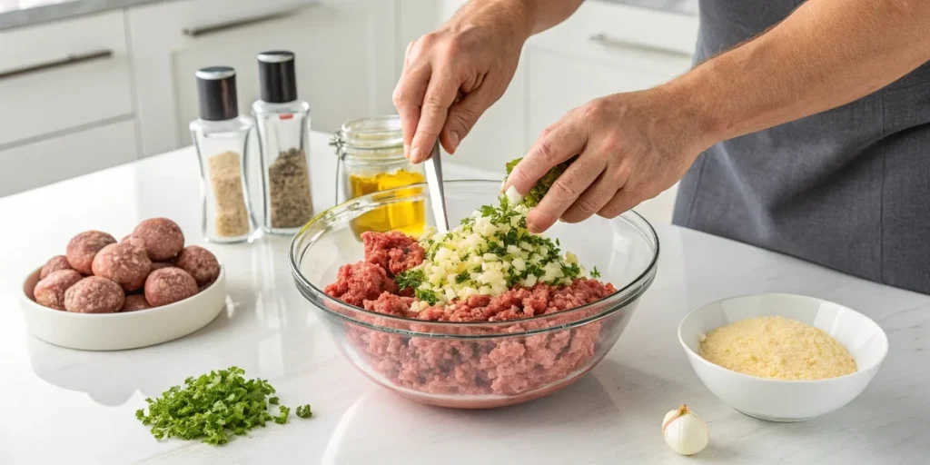 Hands mixing ground beef, breadcrumbs, and seasonings in a glass bowl on a modern white countertop.