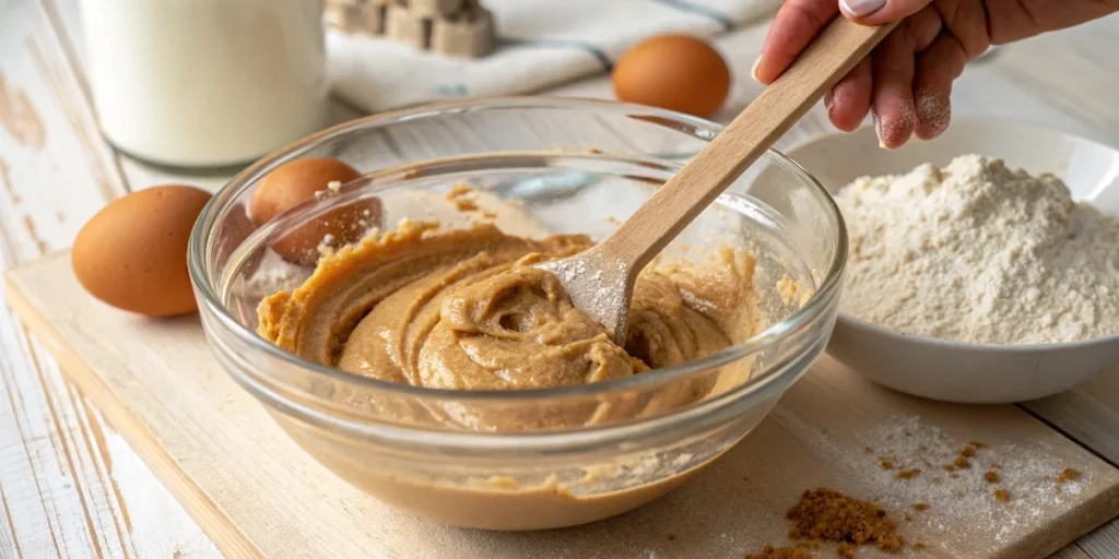  A bowl of peanut butter, sugar, eggs, and flour being mixed with a wooden spoon in a cozy kitchen setting